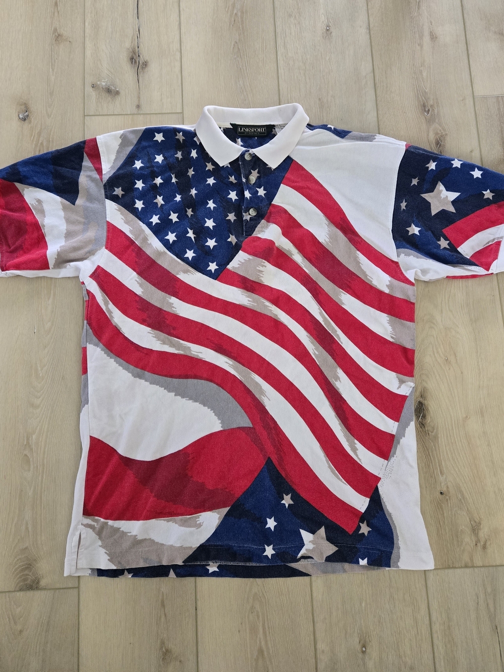 Vintage Linksport Old Glory Overprint American Flag Polo Shirt Mens Size Large